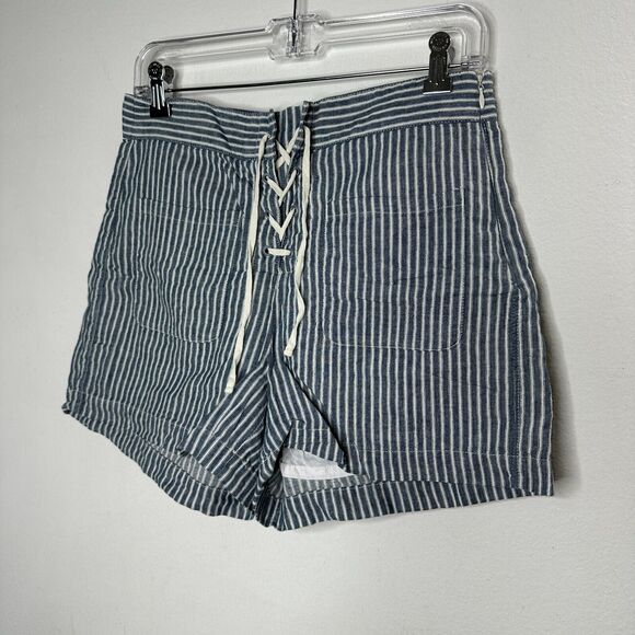 Madewell Jean Blue Off White Striped High Waist Patch Pockets Lace-Up Shorts 4 - Picture 4 of 15
